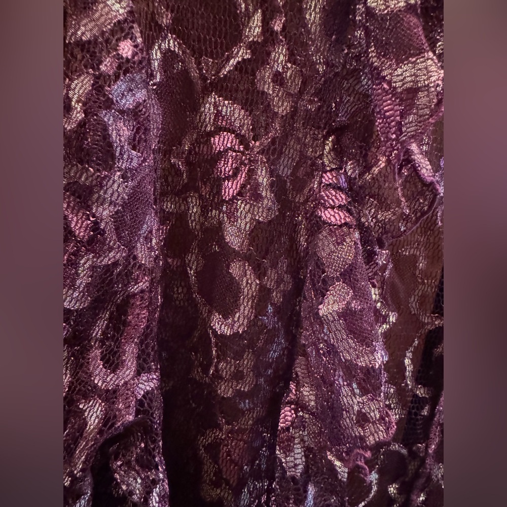 Bebe Y2K Women's Floral Sheer Lace Ruffled Blouse w/ Gold, Wine & Deep Pink Hues - Picture 6 of 16